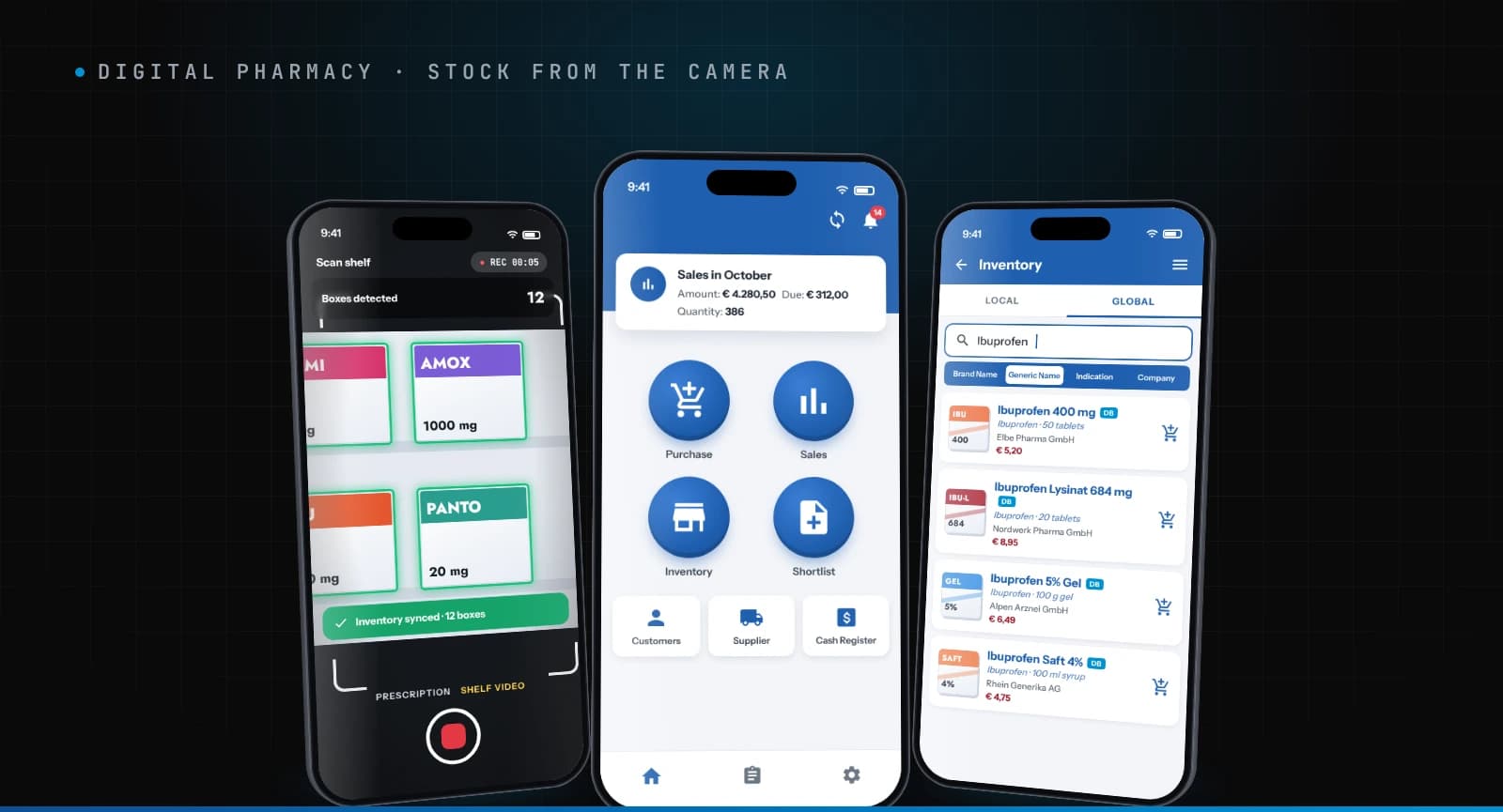 Digital Pharmacy Android app scanning a medicine shelf, the owner dashboard and the inventory search, built by Devs Core