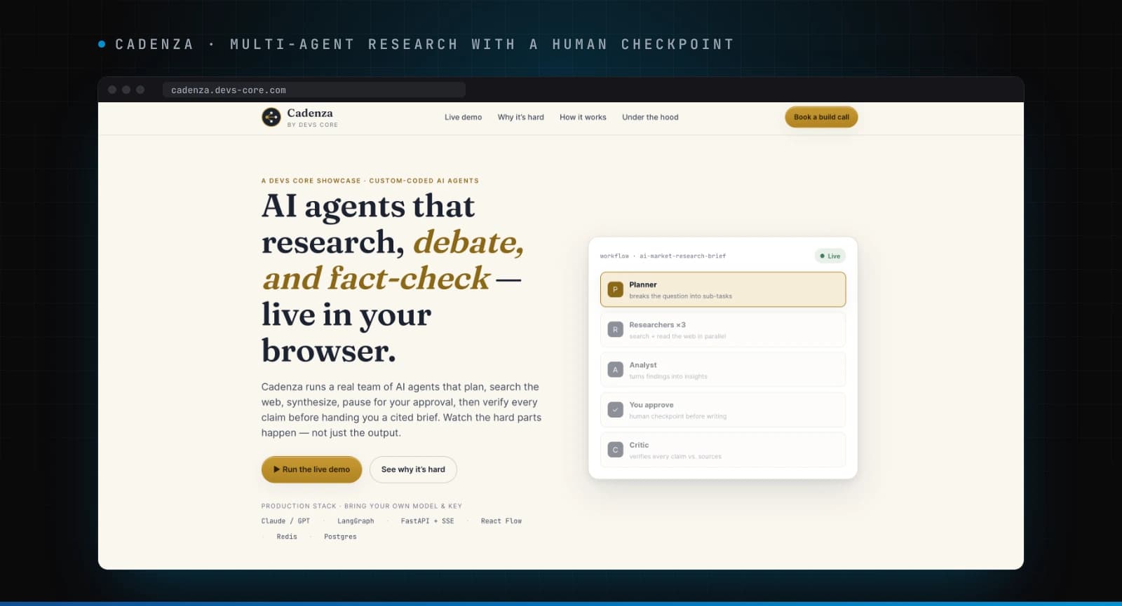 Cadenza, a Devs Core multi-agent research system, showing the agent pipeline from planner to critic with a human approval step