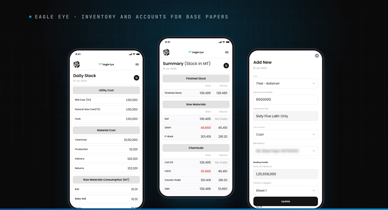 Eagle Eye, the Base Papers inventory and accounts app, showing the stock summary, daily stock entry and accounts screens