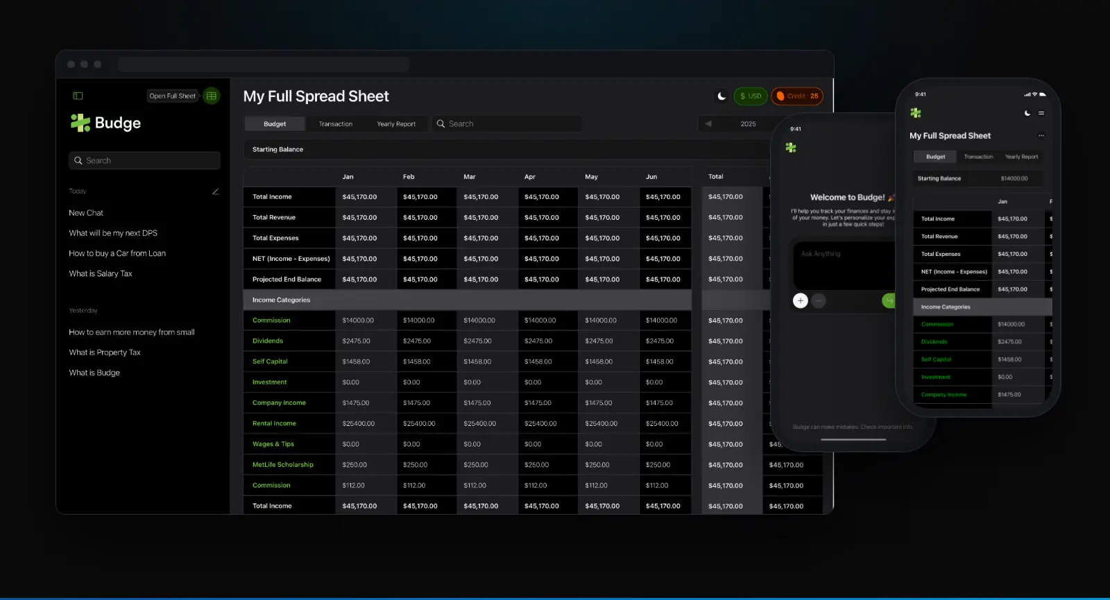 Budge, an AI personal finance agent, shown on web and mobile