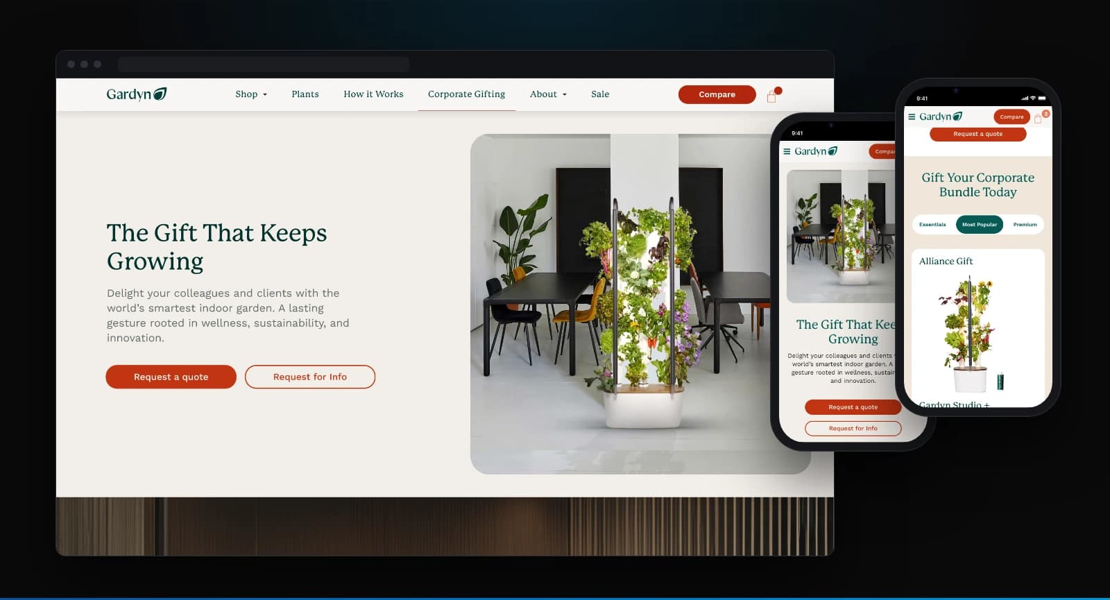Gardyn corporate gifting page shown on desktop and mobile