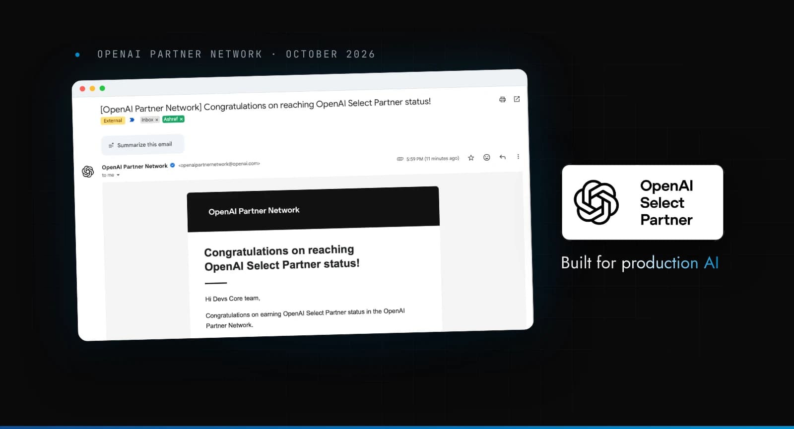 The OpenAI Partner Network email confirming Devs Core as an OpenAI Select Partner, next to the official OpenAI Select Partner badge