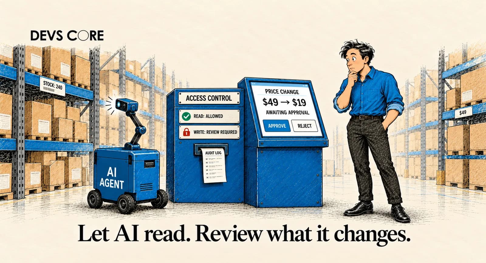 A vintage pen-and-ink illustration of Character D reviewing a proposed system change before approving it, representing read/write separation and human governance.