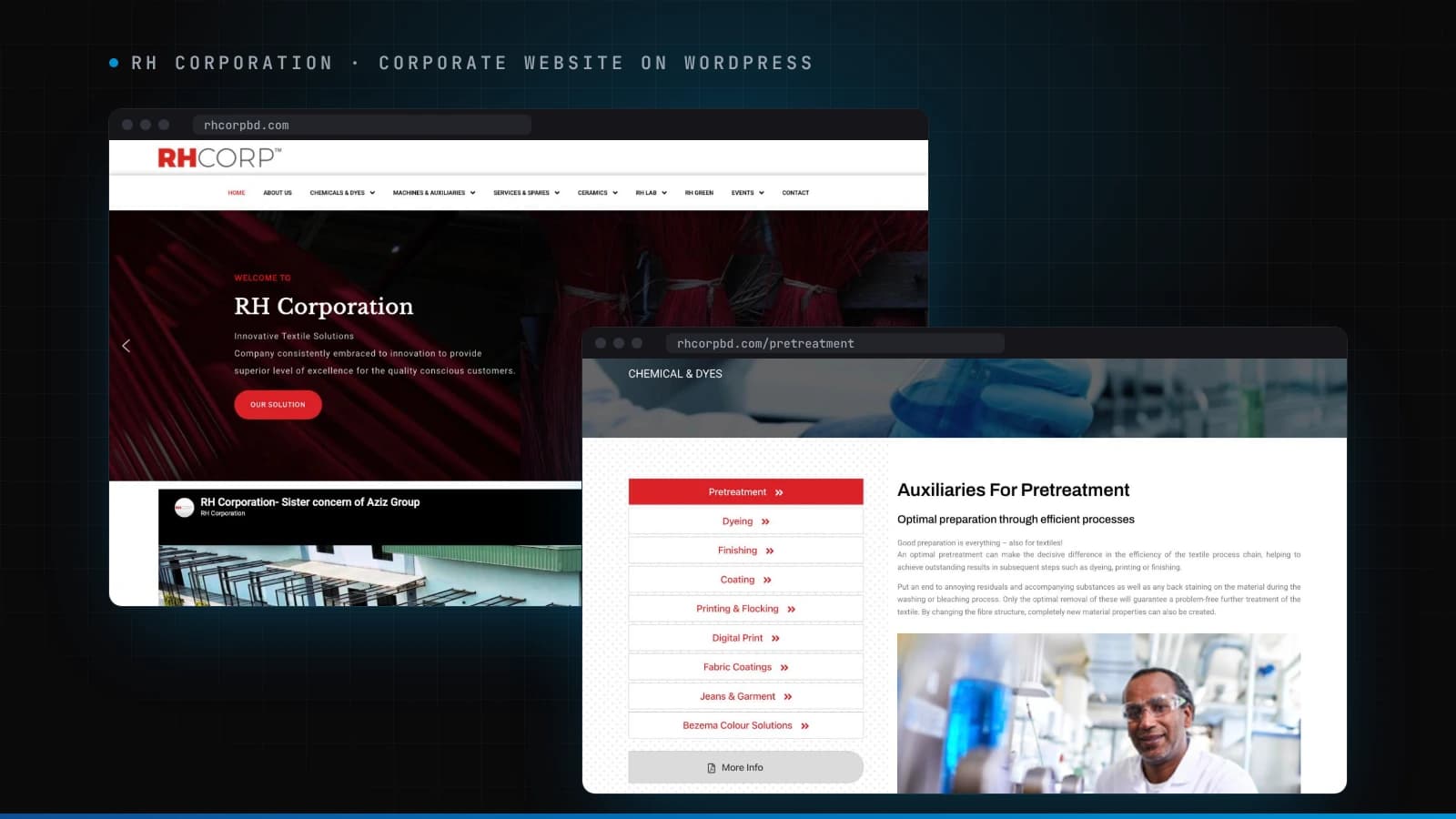 RH Corporation corporate website by Devs Core: a WordPress site for a textile chemicals, machinery and services company