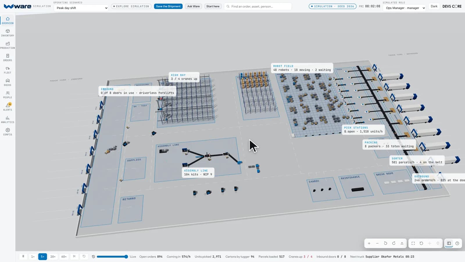 Ware: a live 3D warehouse and assembly plant with receiving, high bay, robot field, assembly line, pick and pack and outbound docks