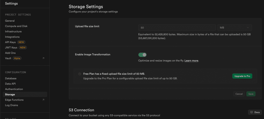 Superbase storage connection settings