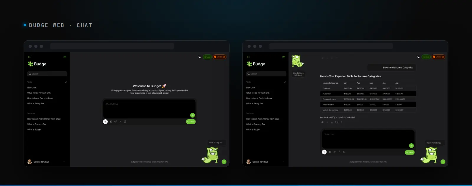 Budge web app: the chat home, where users record money and ask questions