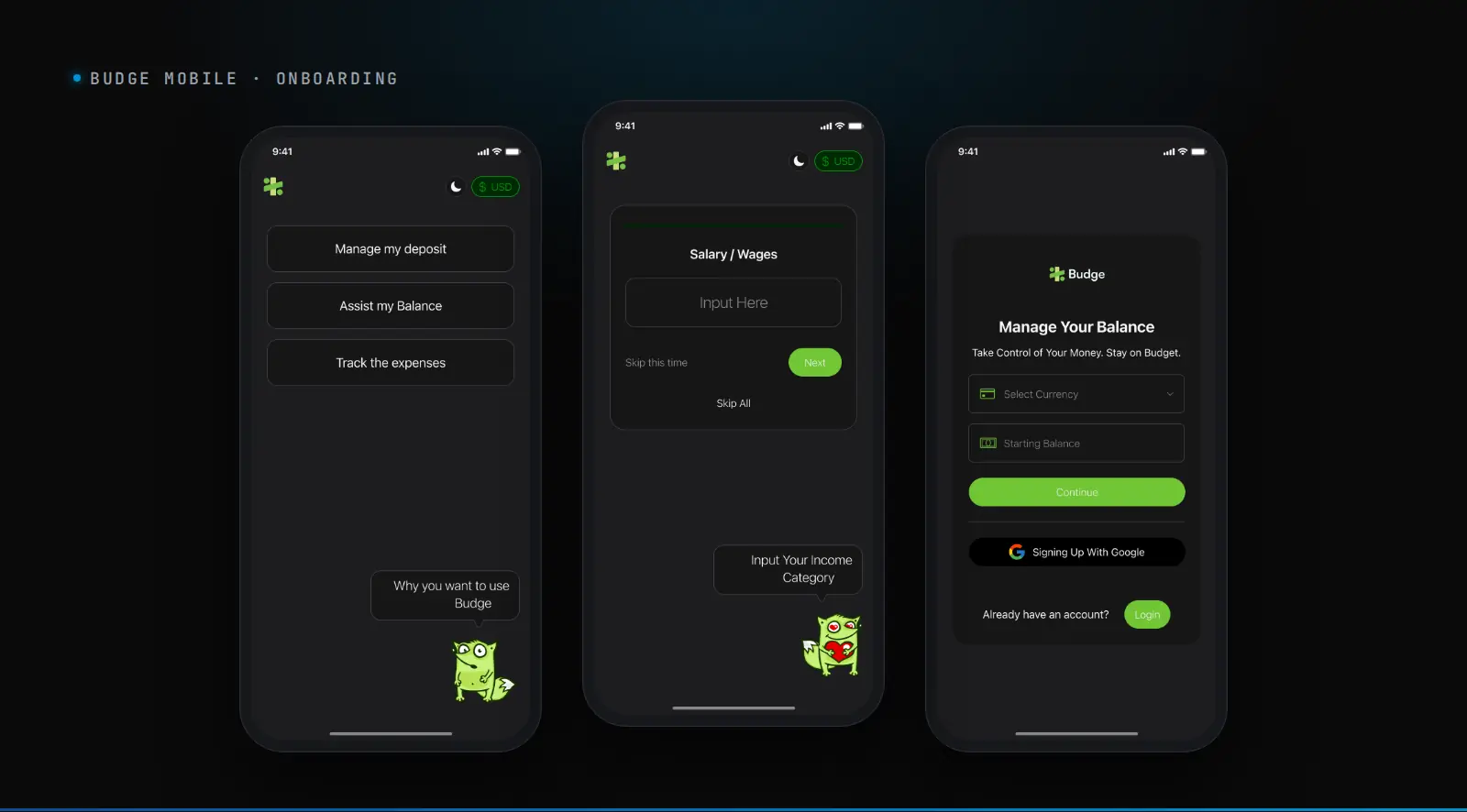 Budge on mobile: onboarding asks why you want Budge, your income sources and your starting balance