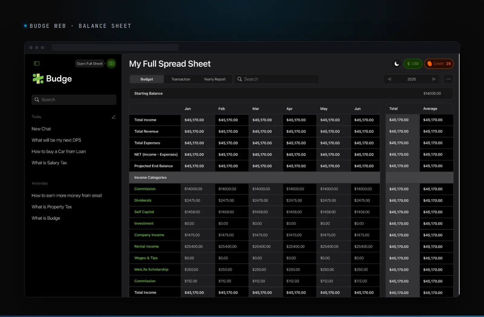 Budge web app: the balance sheet built automatically from chat entries