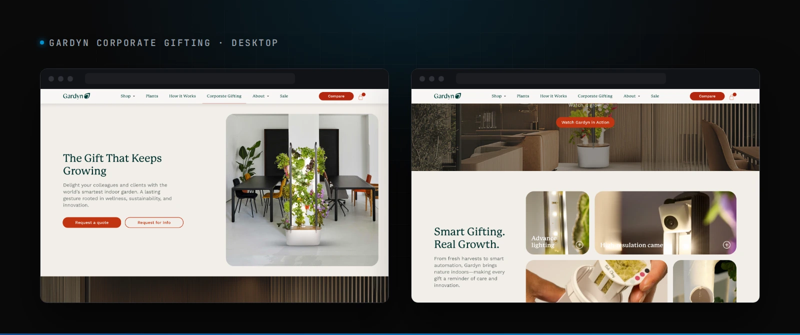 Gardyn corporate gifting page on desktop: hero with Request a quote and Request for info