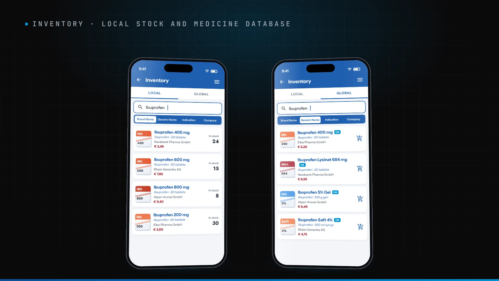 Digital Pharmacy inventory search across local stock and the full medicine database, by brand, generic name, indication or company