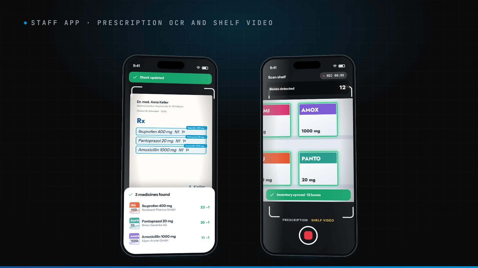 Digital Pharmacy staff app scanning a prescription with OCR and counting medicine boxes on a shelf from video