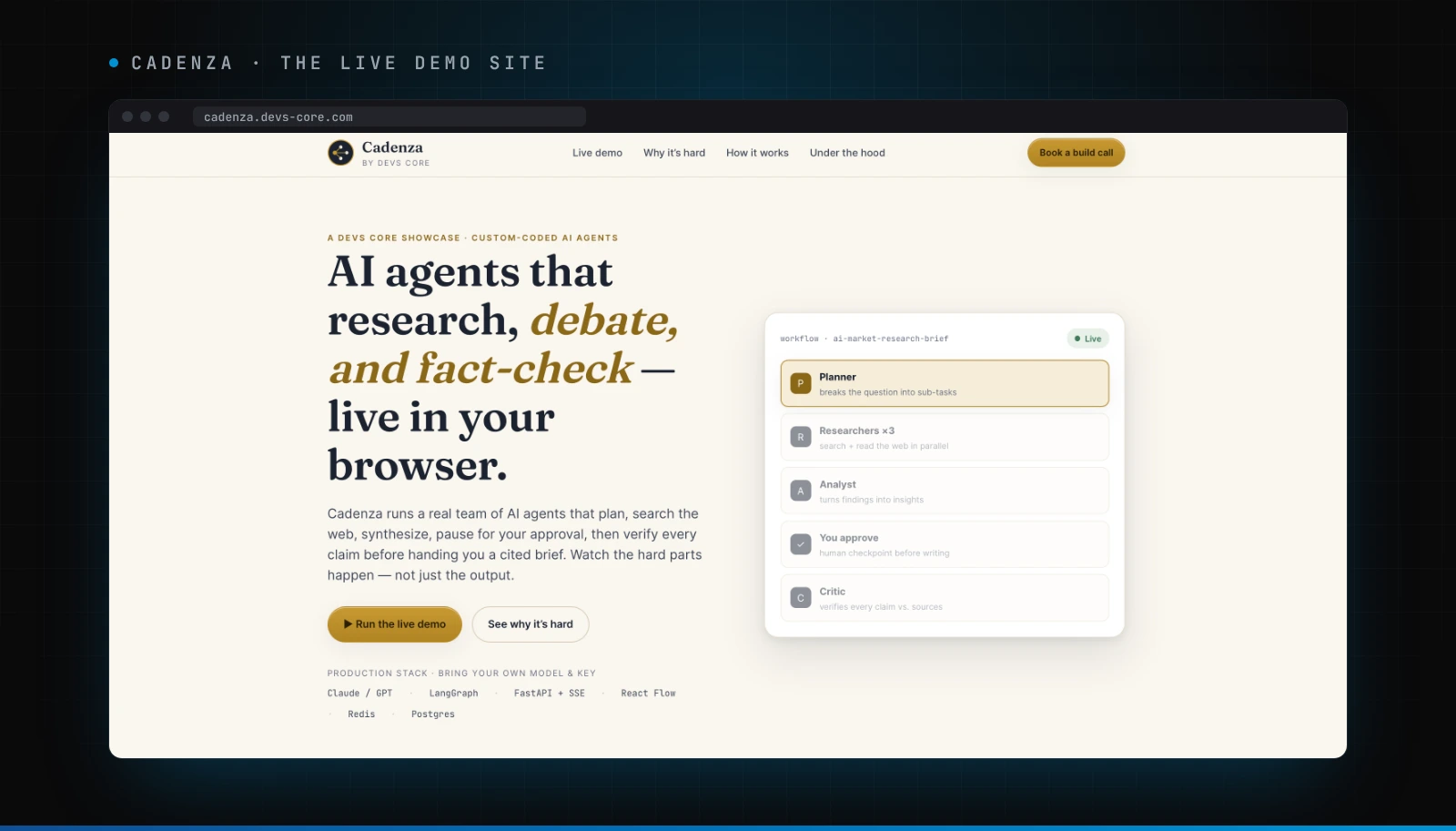Cadenza: AI agents that research, debate and fact-check, with the agent pipeline from planner to critic