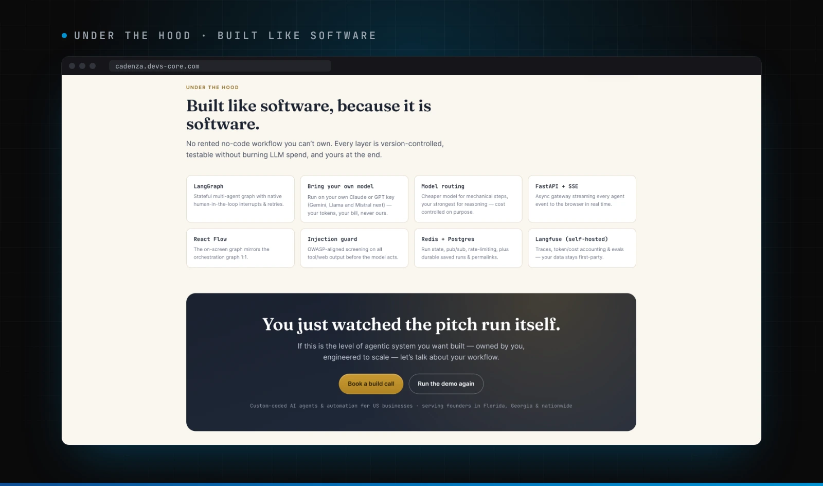 Under the hood: LangGraph, bring-your-own model, model routing, FastAPI and server-sent events, React Flow, the injection guard, Redis and Postgres