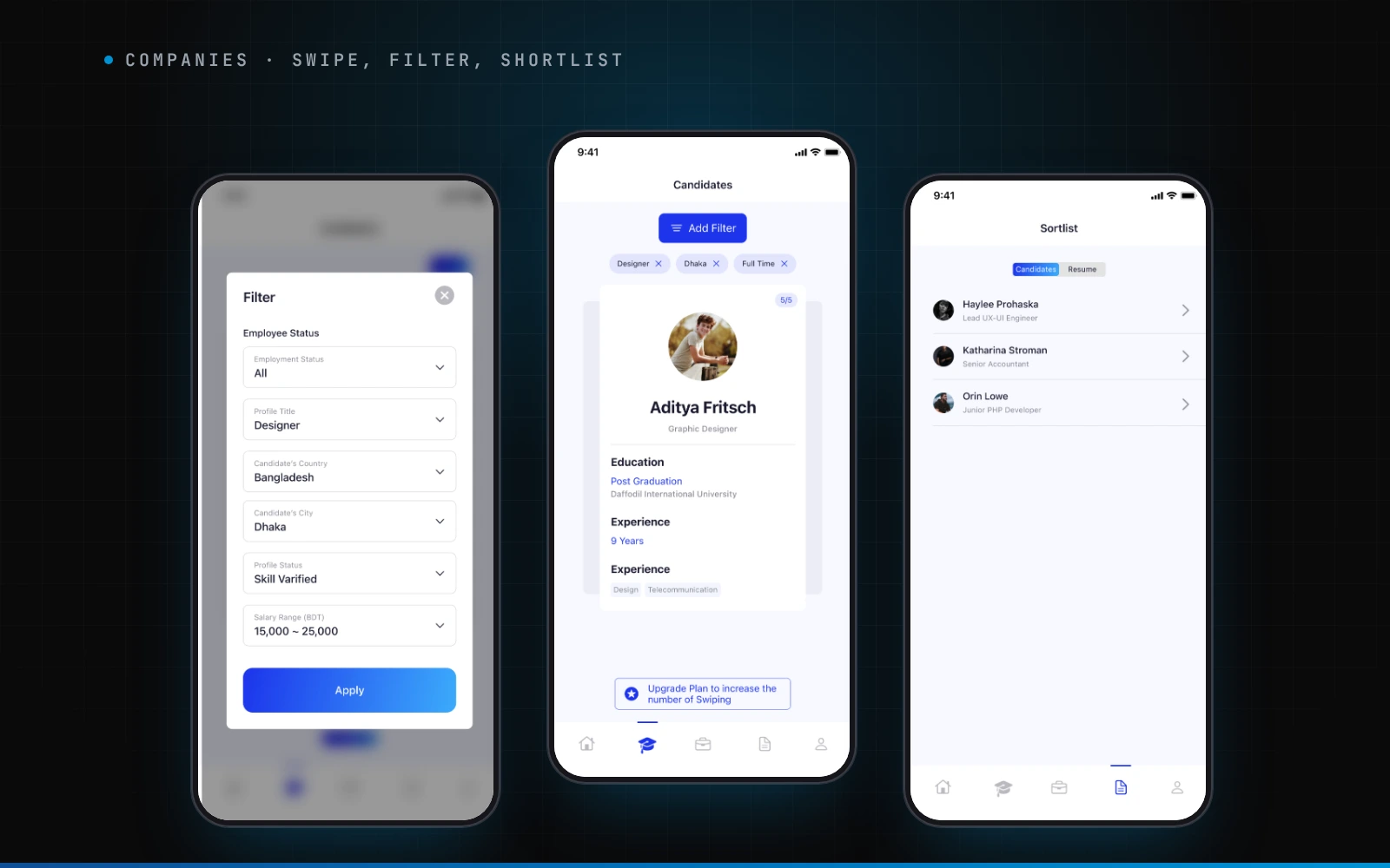 Oggrow for companies: swiping candidate cards, filtering, and the shortlist