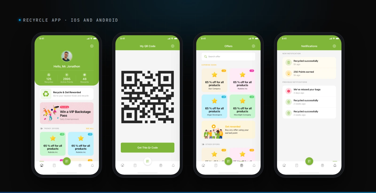 ReCyrcle mobile app: home, QR code, offers and notifications