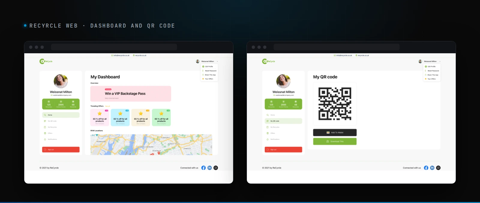 ReCyrcle web app: dashboard with eco-coin balance, trending offers and machine map, and the personal QR code