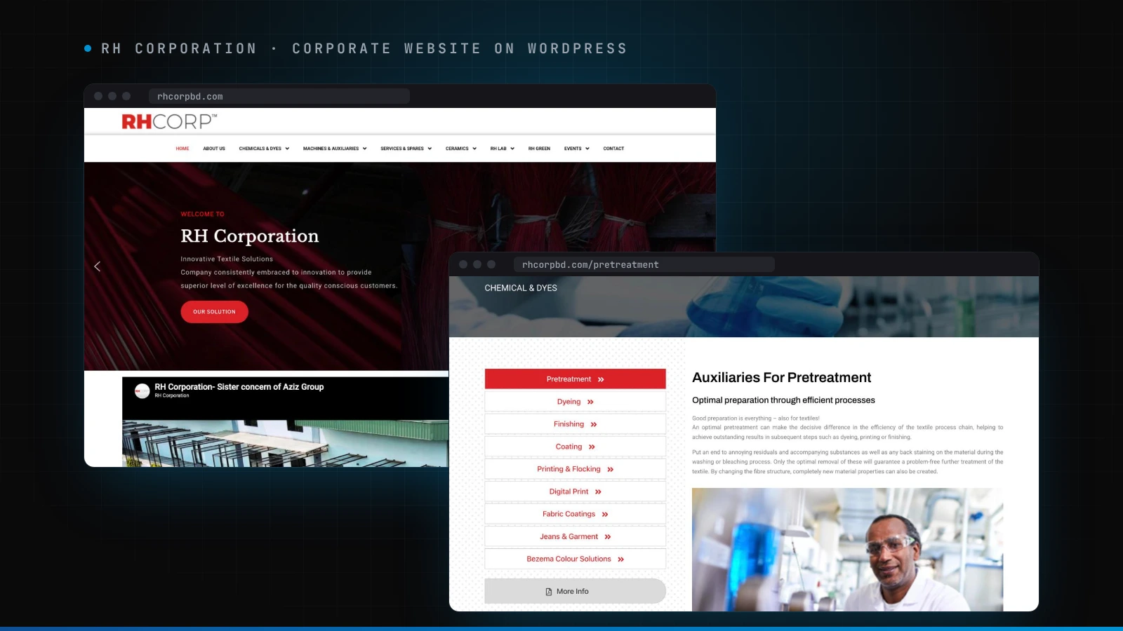 The RH Corporation website: the home page and a product range page