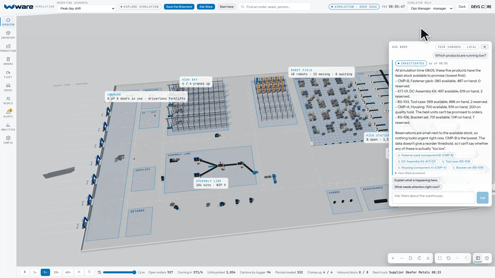 Ask Ware answering "Which products are running low?" from the live inventory, beside the 3D view