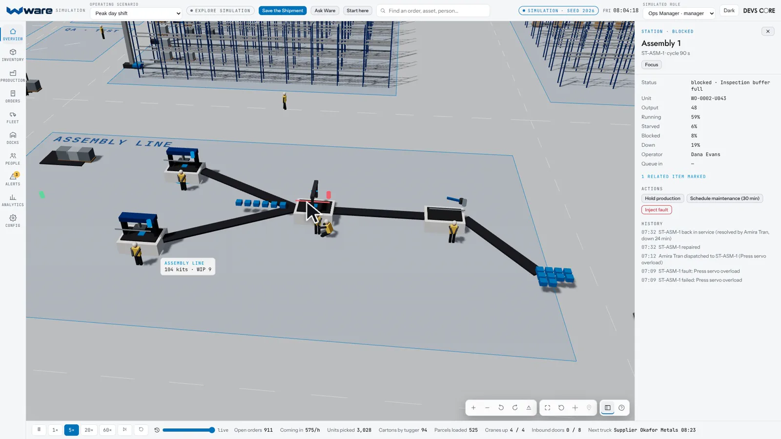 Clicking Assembly 1 on the line opens what it is doing, its output and its recent history