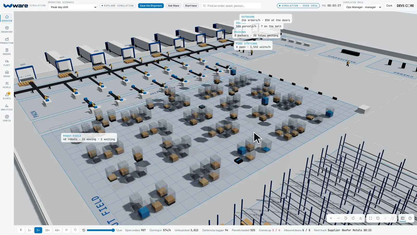 The robot field in Ware: robots carry pods to the pick stations while the high bay and outbound docks run alongside